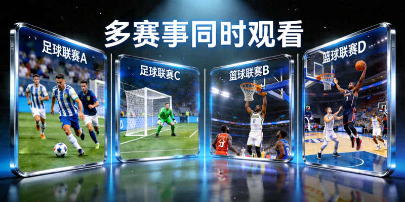 多屏显示不同足球和篮球比赛直播画面，展示平台多赛事同时观看能力